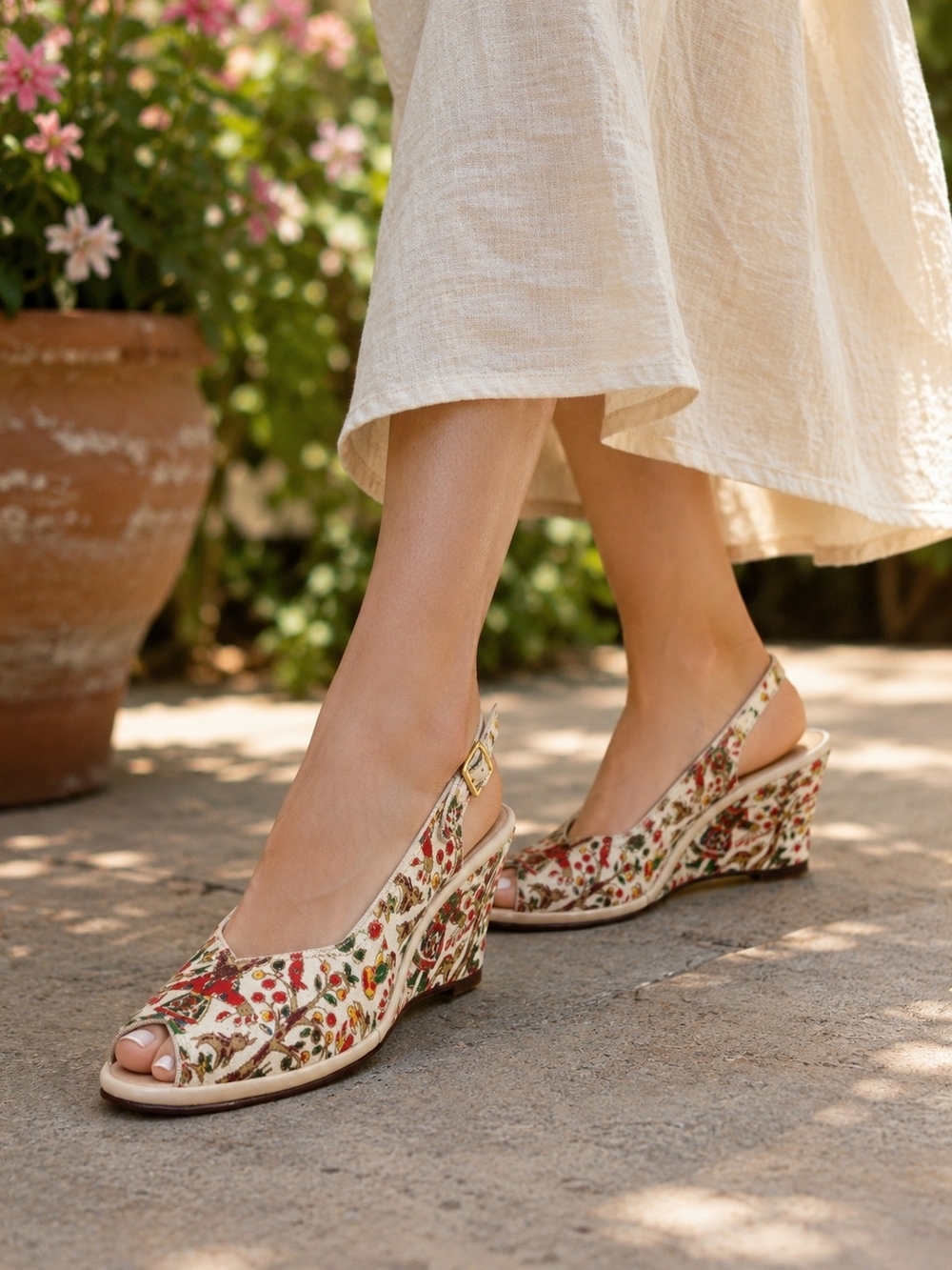 Vintage Cobbies Red Cross Printed Slingback Wedge Heels Cottagecore Summer 8N